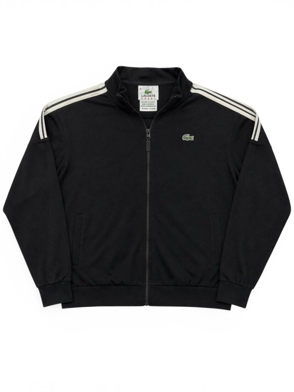 Lacoste Sport Black Full Zip Track Jacket Men’s Size 8 Striped Shoulder Logo